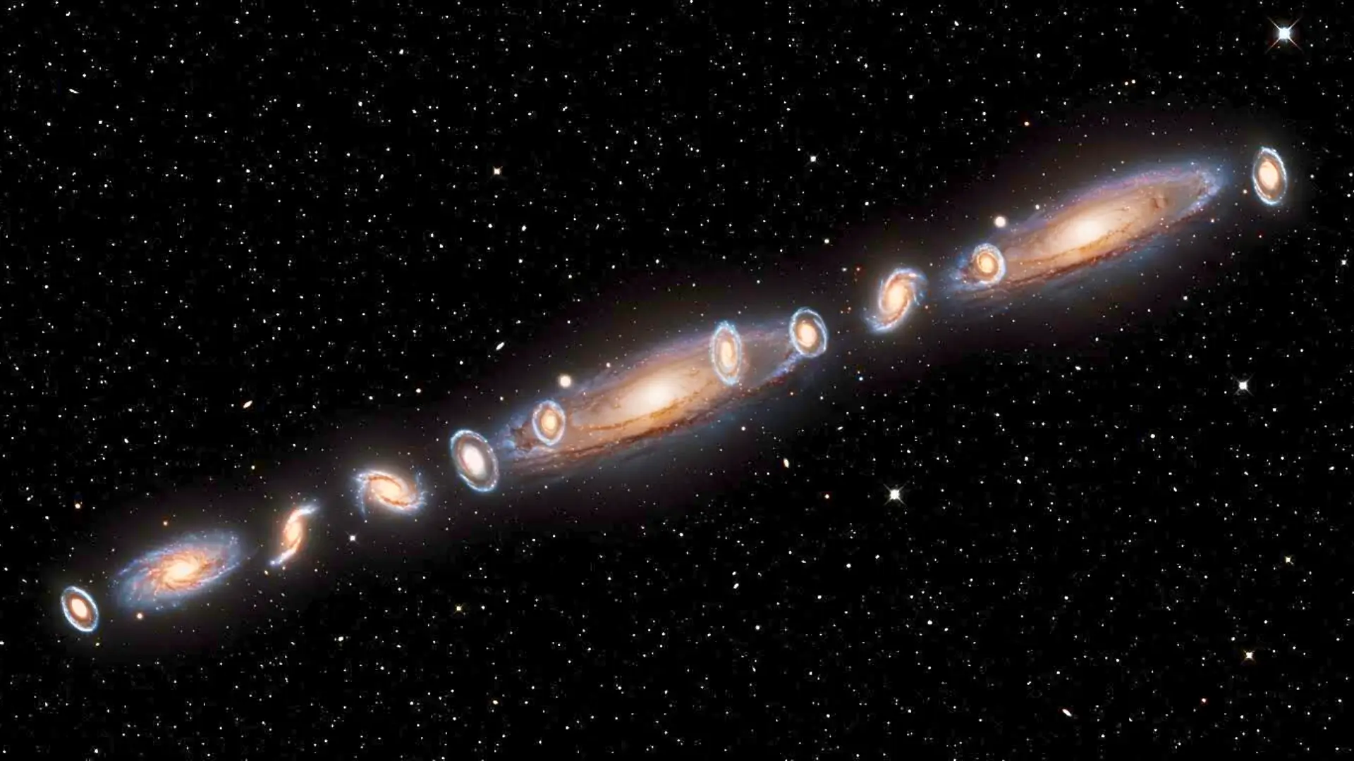 Illustration d’un filament cosmique reliant 14 galaxies en rotation dans l’espace profond.