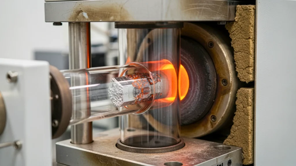 Échantillon de gel métallique chauffé à très haute température dans un dispositif de laboratoire, sans déformation ni écoulement