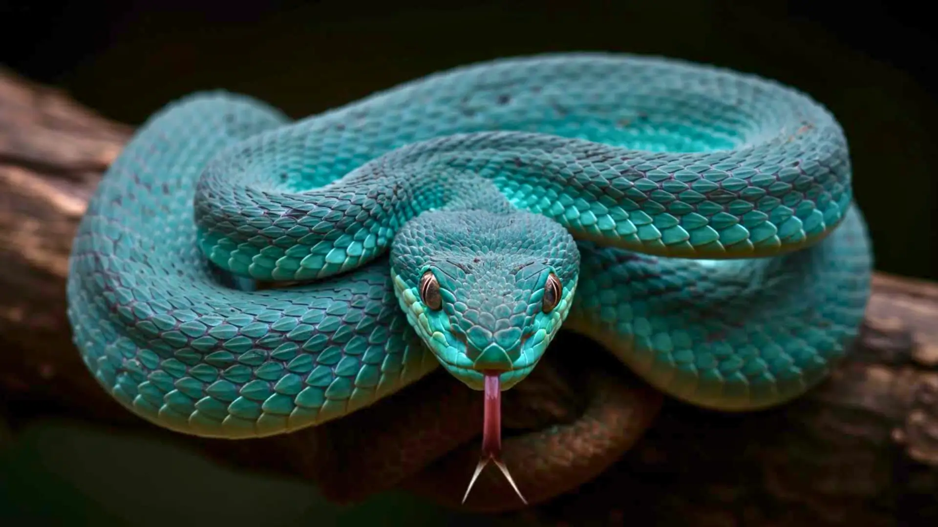 Serpent bleu enroulé sur une branche, illustrant la vision thermique naturelle des reptiles capables de détecter la chaleur dans l’obscurité.