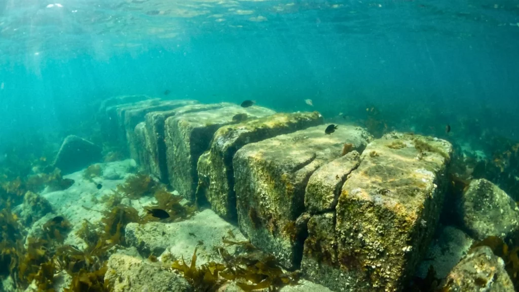 Alignement de blocs de pierre immergés formant un mur sous-marin ancien, recouvert d’algues et de faune marine