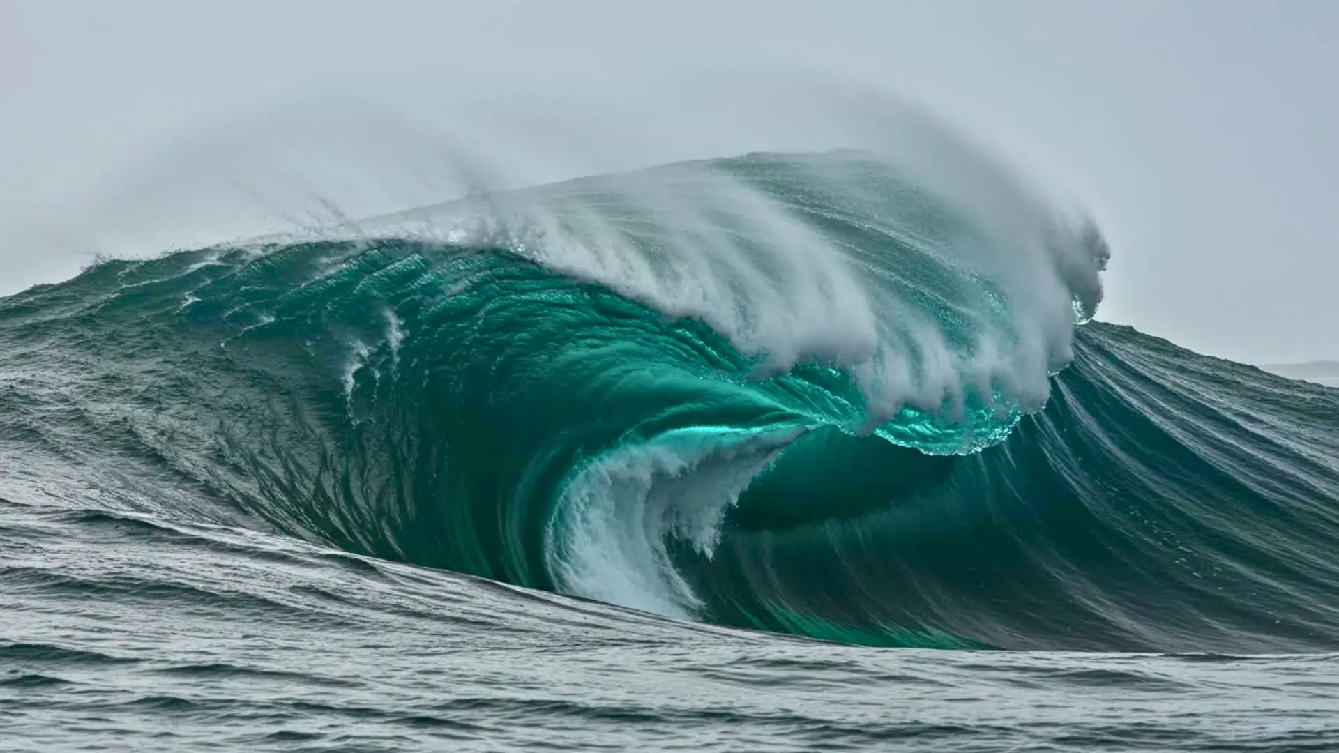Vague géante turquoise en pleine mer, se courbant avec force et projetant une écume blanche sous un ciel gris.
