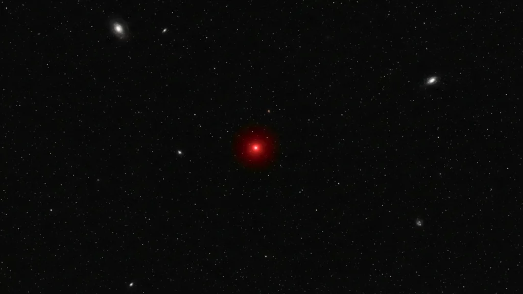 Champ profond de l’Univers montrant un point lumineux rouge isolé au milieu de galaxies lointaines et d’un fond étoilé sombre