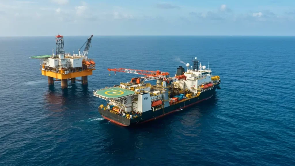 Navire d’exploitation offshore à proximité d’une plateforme pétrolière en haute mer
