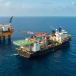 Navire d’exploitation offshore à proximité d’une plateforme pétrolière en haute mer