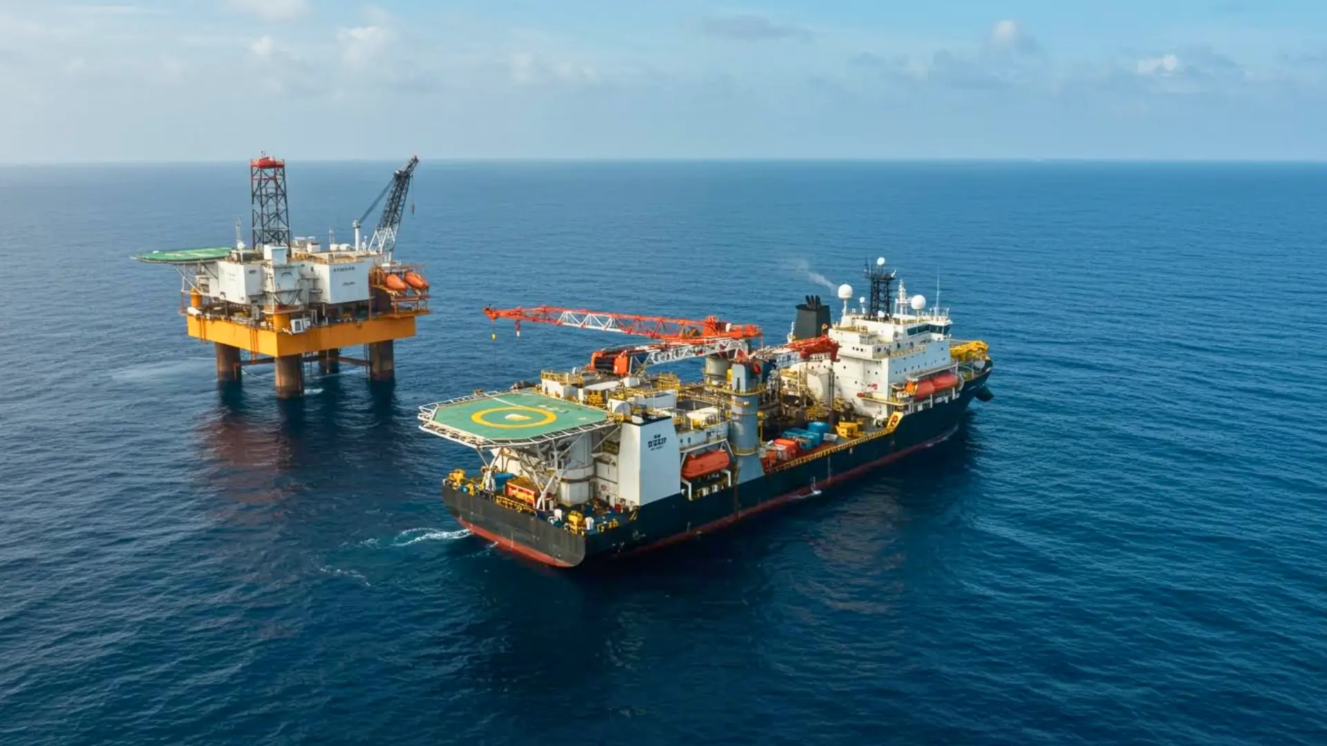 Navire d’exploitation offshore à proximité d’une plateforme pétrolière en haute mer