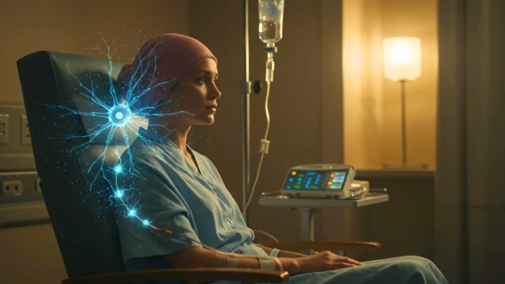 Patiente sous chimiothérapie assise dans une salle de traitement, avec une illustration de neurones symbolisant la protection du système nerveux.