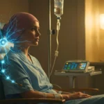 Patiente sous chimiothérapie assise dans une salle de traitement, avec une illustration de neurones symbolisant la protection du système nerveux.