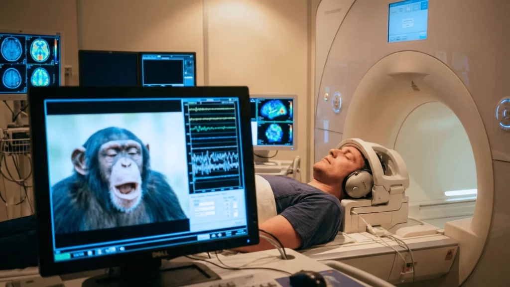 Un participant allongé dans une machine IRM portant un casque audio, pendant que son activité cérébrale est analysée tandis qu’un écran affiche un chimpanzé vocalisant.