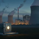 Mini-réacteur métallique éclairé installé devant une centrale nucléaire avec plusieurs tours de refroidissement fumantes au crépuscule.