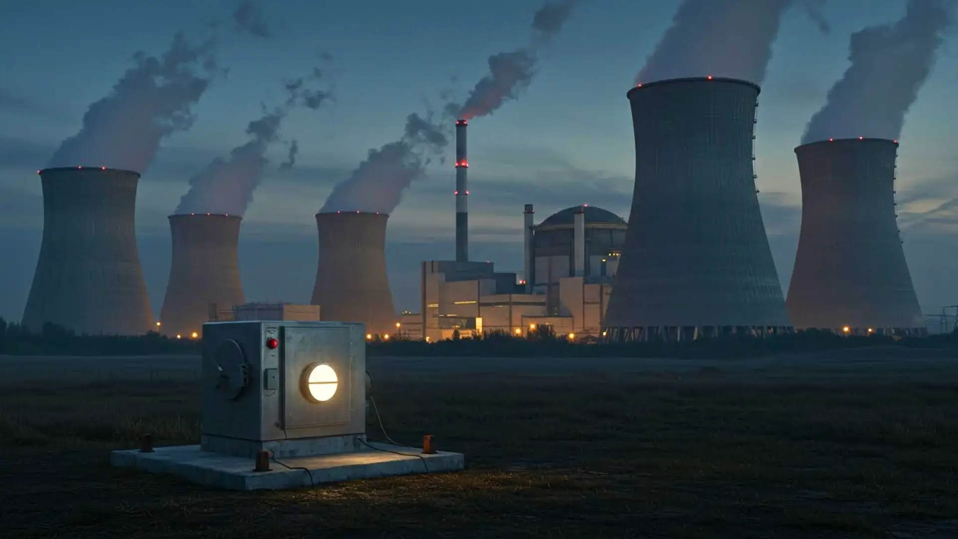 Mini-réacteur métallique éclairé installé devant une centrale nucléaire avec plusieurs tours de refroidissement fumantes au crépuscule.