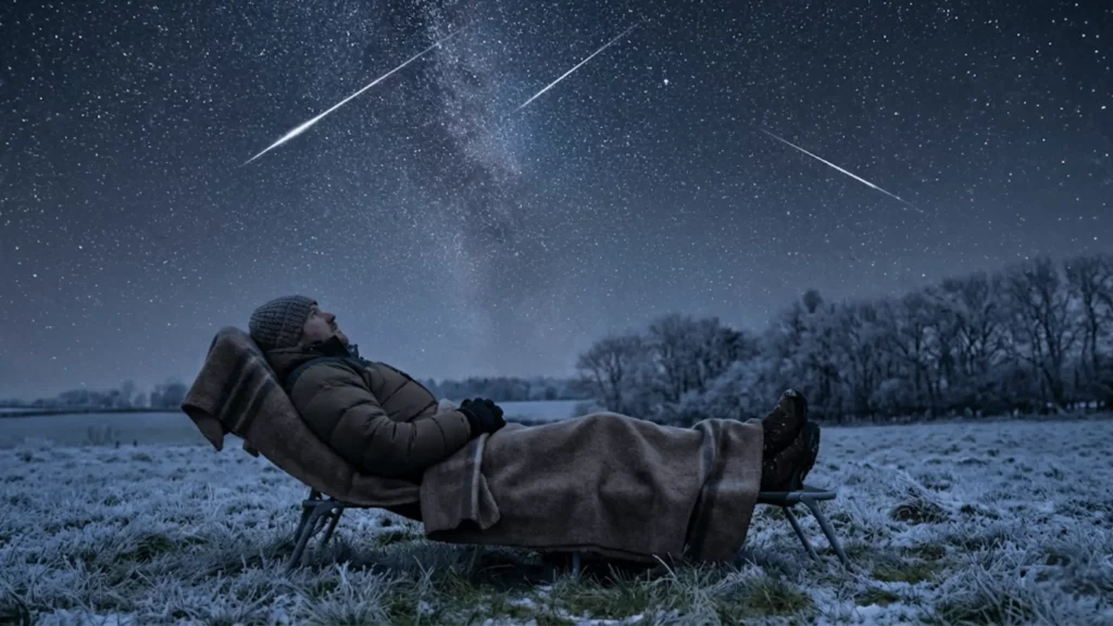 Personne allongée sur une chaise longue dans un champ enneigé, observant un ciel nocturne rempli d’étoiles et traversé par plusieurs météores.