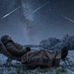 Personne allongée sur une chaise longue dans un champ enneigé, observant un ciel nocturne rempli d’étoiles et traversé par plusieurs météores.