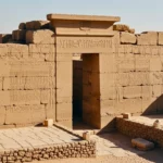 Entrée d’un temple en pierre sculptée avec hiéroglyphes et scènes gravées, dans un paysage désertique avec des ruines autour.