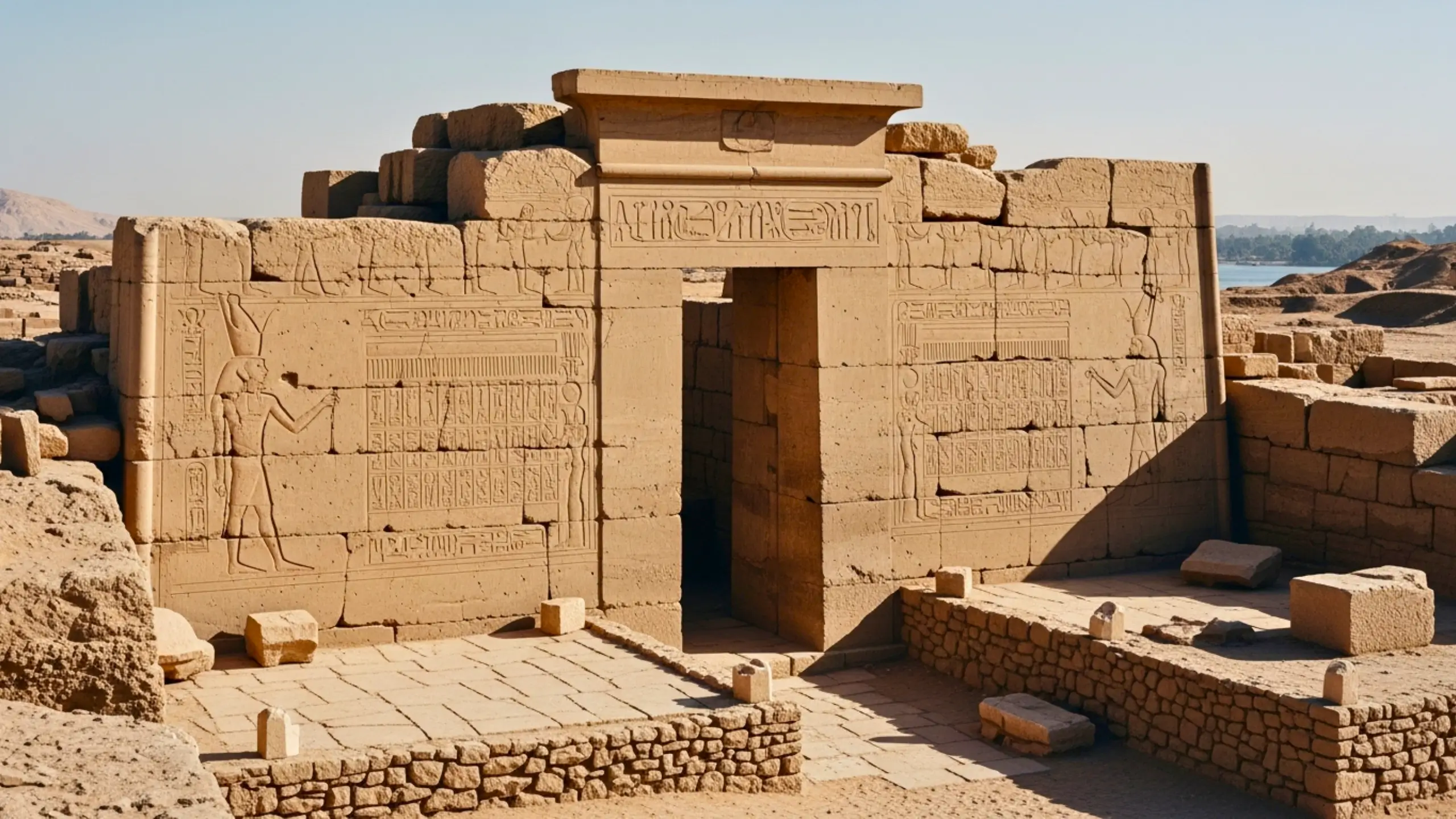 Entrée d’un temple en pierre sculptée avec hiéroglyphes et scènes gravées, dans un paysage désertique avec des ruines autour.
