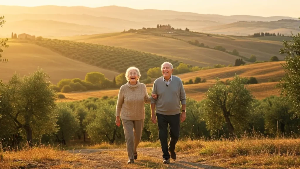 Couple de personnes âgées souriantes marchant dans la campagne italienne au coucher du soleil