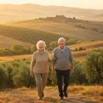 Couple de personnes âgées souriantes marchant dans la campagne italienne au coucher du soleil