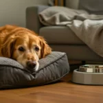 Chien âgé allongé sur un coussin confortable près d’une gamelle, dans un salon calme.