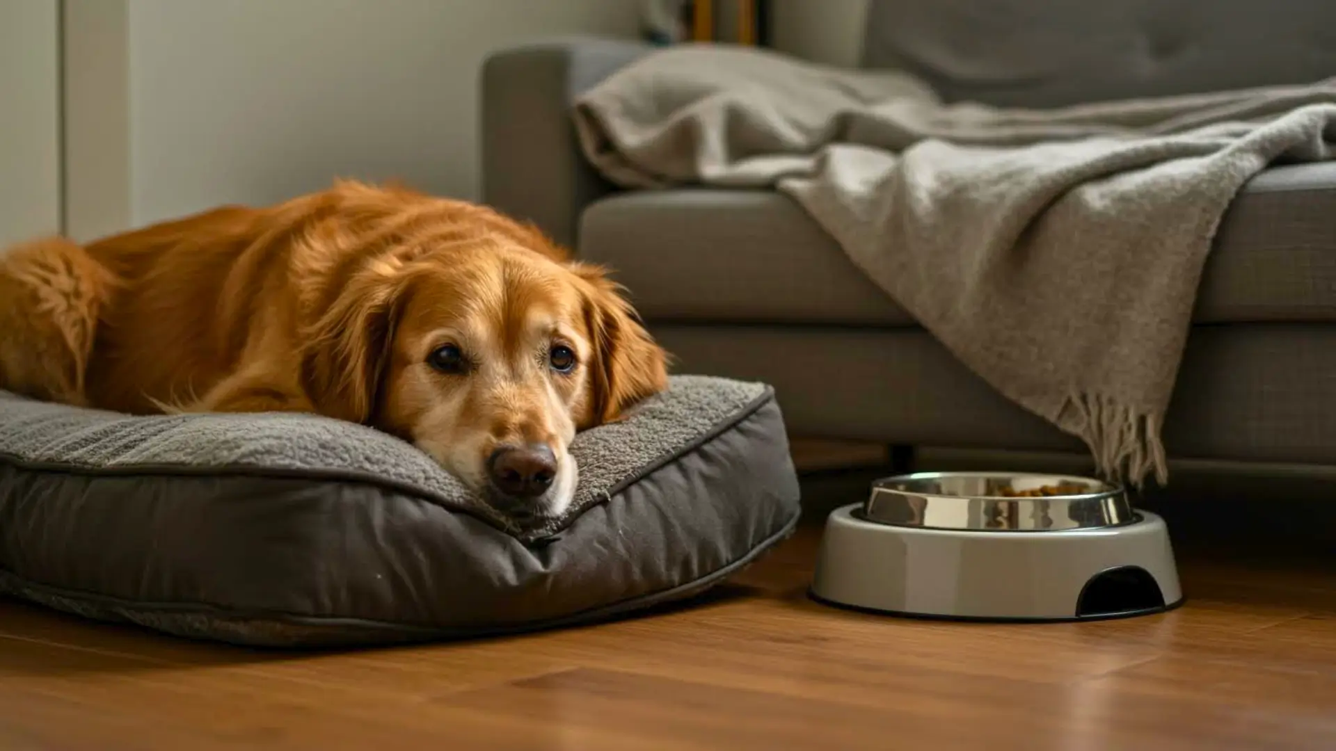 Chien âgé allongé sur un coussin confortable près d’une gamelle, dans un salon calme.