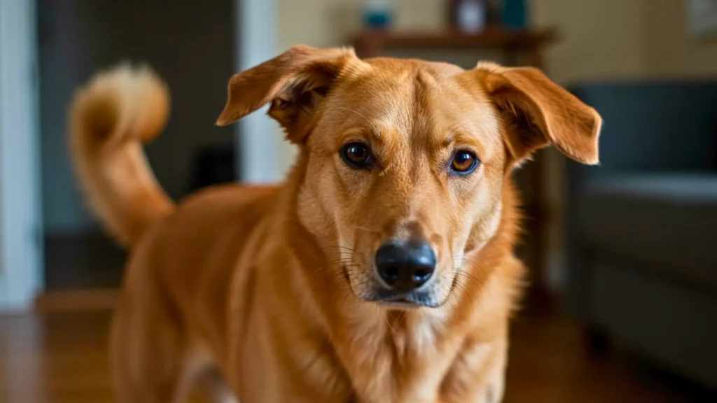 Chien au pelage fauve observant attentivement son propriétaire, la queue légèrement relevée, illustrant l’ambiguïté du langage corporel canin.