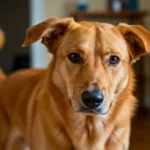 Chien au pelage fauve observant attentivement son propriétaire, la queue légèrement relevée, illustrant l’ambiguïté du langage corporel canin.