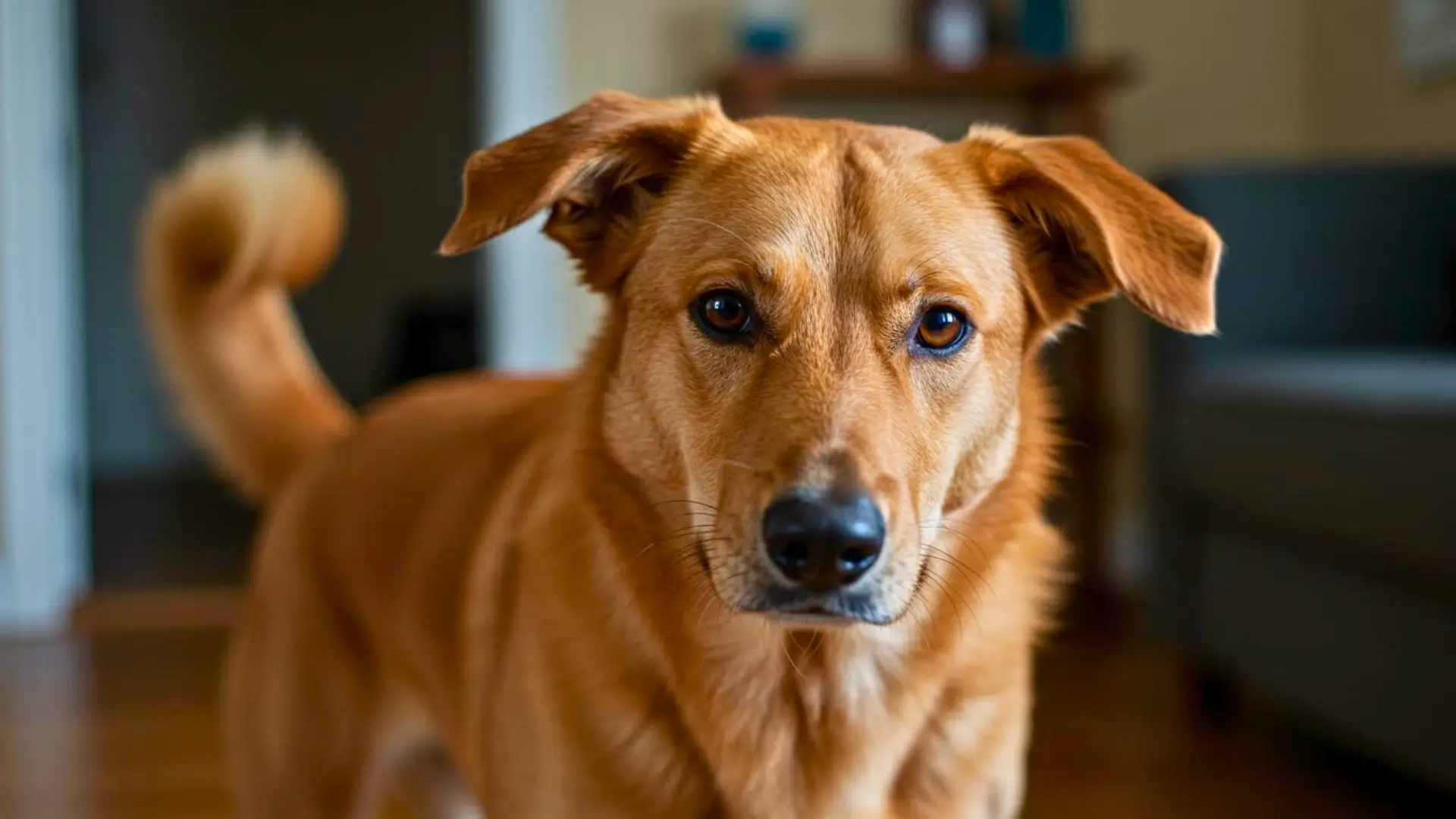 Chien au pelage fauve observant attentivement son propriétaire, la queue légèrement relevée, illustrant l’ambiguïté du langage corporel canin.