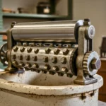 Ancienne machine mécanique en métal avec cylindres crantés, retrouvée dans un entrepôt et datant du début du XXe siècle