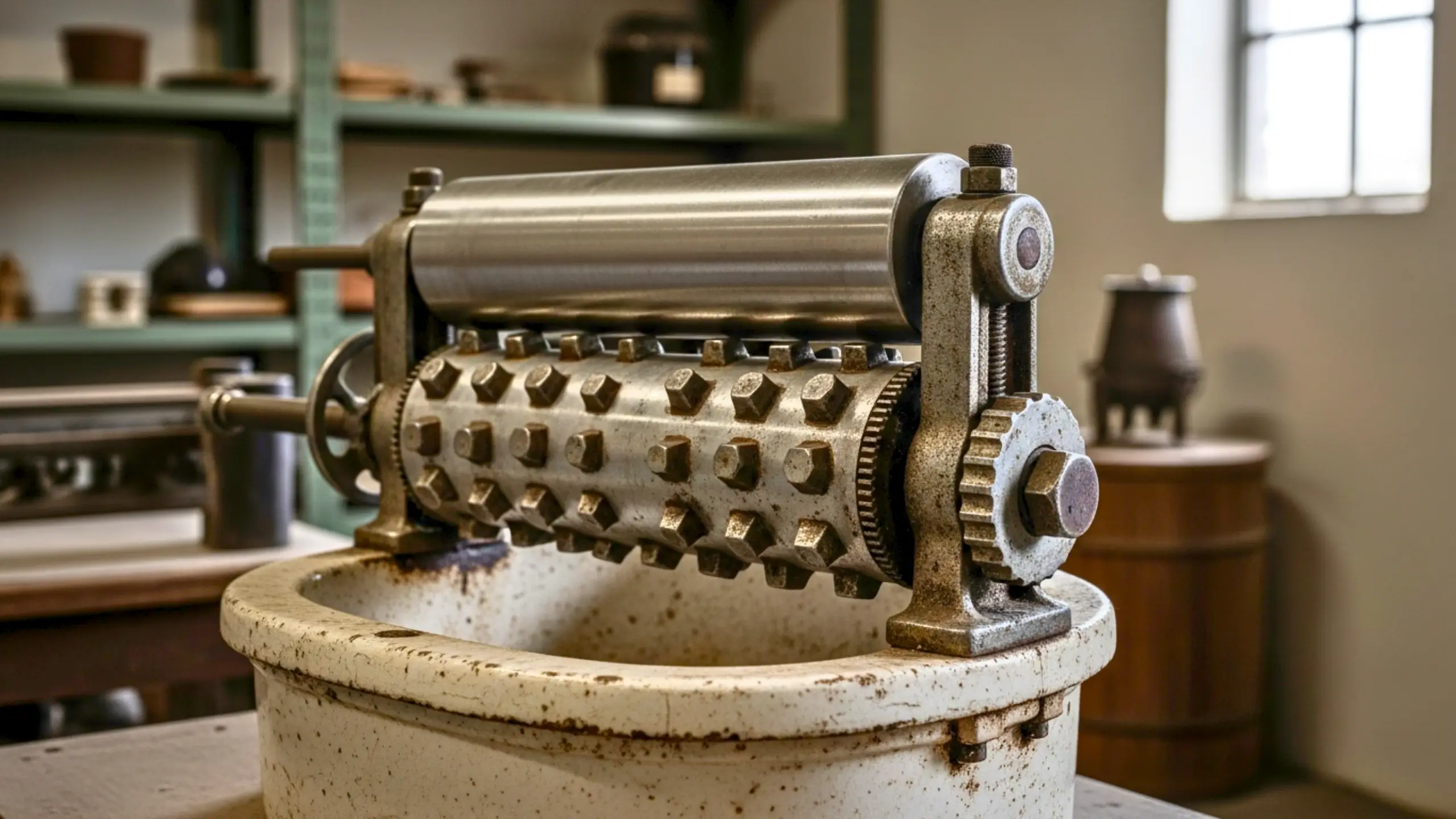 Ancienne machine mécanique en métal avec cylindres crantés, retrouvée dans un entrepôt et datant du début du XXe siècle