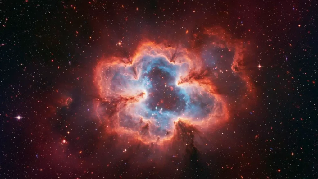 Vue infrarouge de la galaxie Y1, une galaxie primitive riche en gaz et poussières, où la formation d’étoiles atteint un rythme exceptionnel peu après le Big Bang.