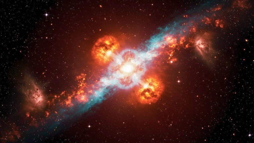 Illustration d’une supernova très ancienne libérant un sursaut gamma, issue des premières étoiles de l’Univers peu après le Big Bang.