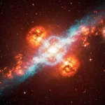 Illustration d’une supernova très ancienne libérant un sursaut gamma, issue des premières étoiles de l’Univers peu après le Big Bang.