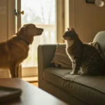 Un chien se tenant devant un canapé regarde un chat assis dessus dans un salon éclairé par la lumière naturelle.