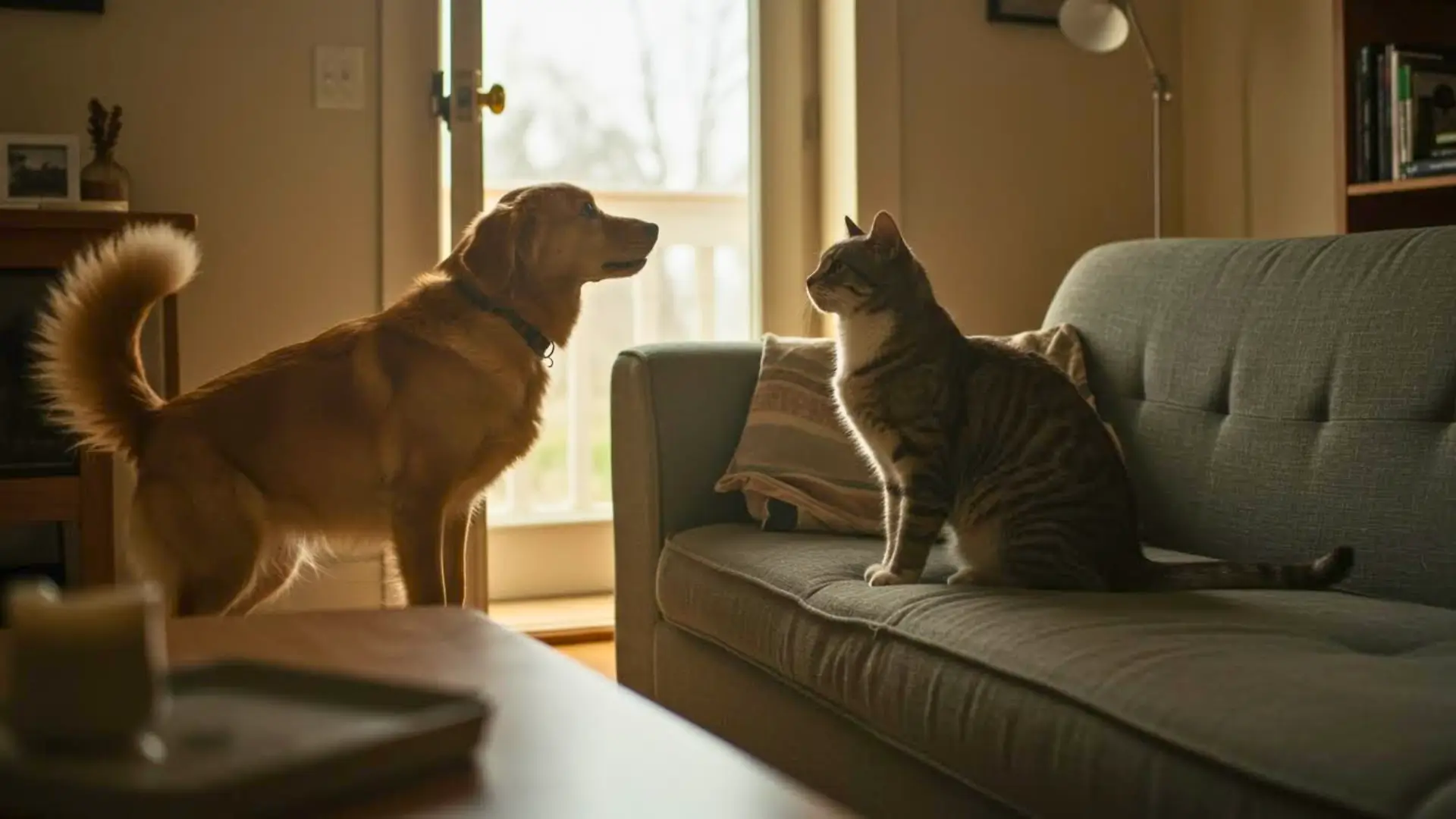 Un chien se tenant devant un canapé regarde un chat assis dessus dans un salon éclairé par la lumière naturelle.