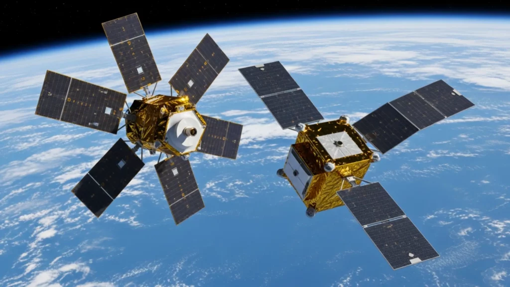 Deux satellites avec panneaux solaires en orbite basse au-dessus de la Terre, passant très près l’un de l’autre, illustrant un risque de collision.