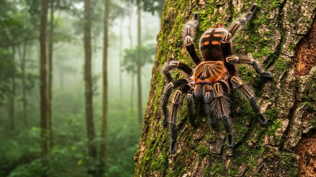 Mygale tigre de Malaisie perchée sur le tronc d’un arbre dans une forêt tropicale, montrant ses longues pattes rayées et son camouflage naturel.