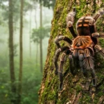 Mygale tigre de Malaisie perchée sur le tronc d’un arbre dans une forêt tropicale, montrant ses longues pattes rayées et son camouflage naturel.