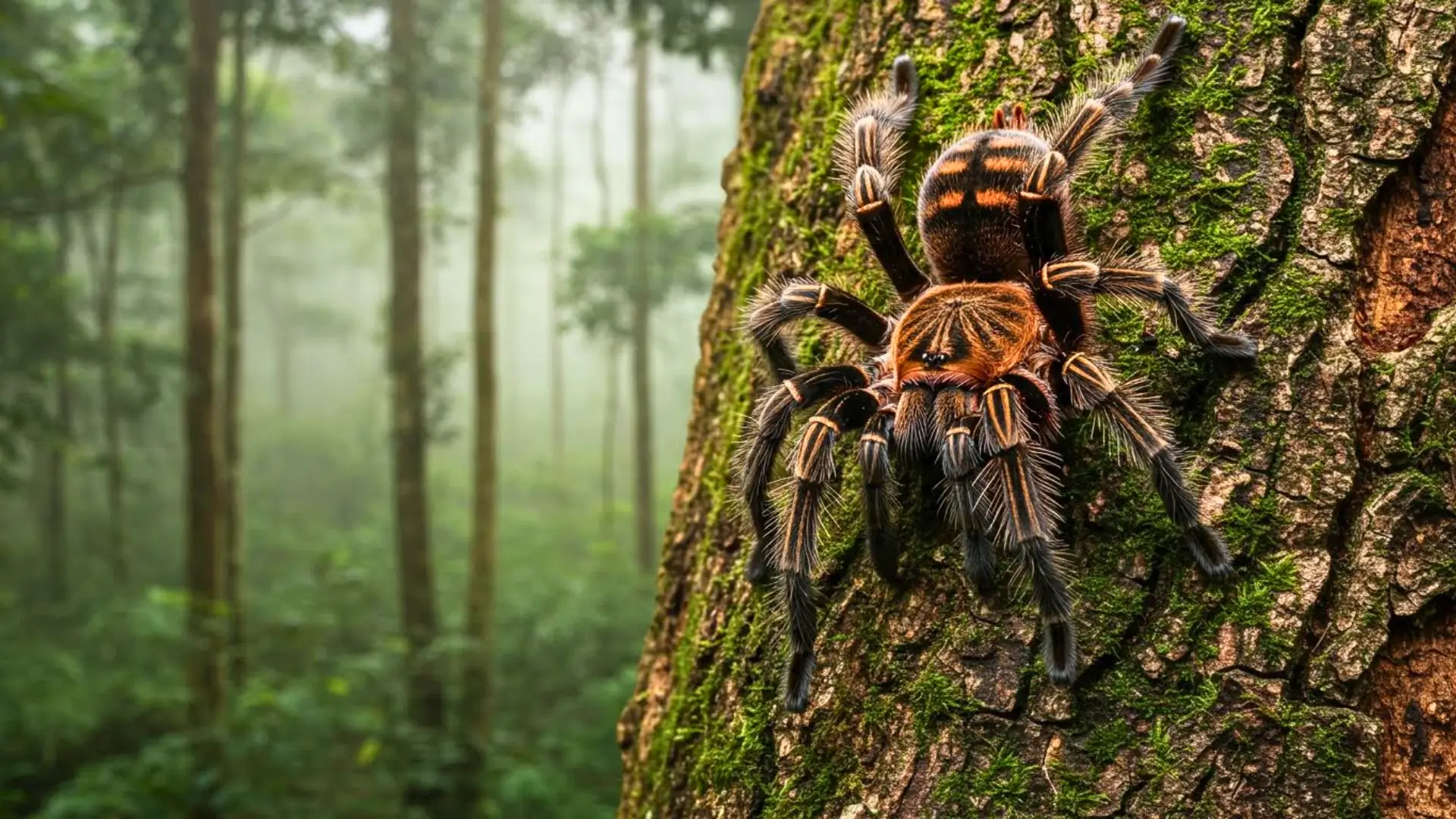 Mygale tigre de Malaisie perchée sur le tronc d’un arbre dans une forêt tropicale, montrant ses longues pattes rayées et son camouflage naturel.