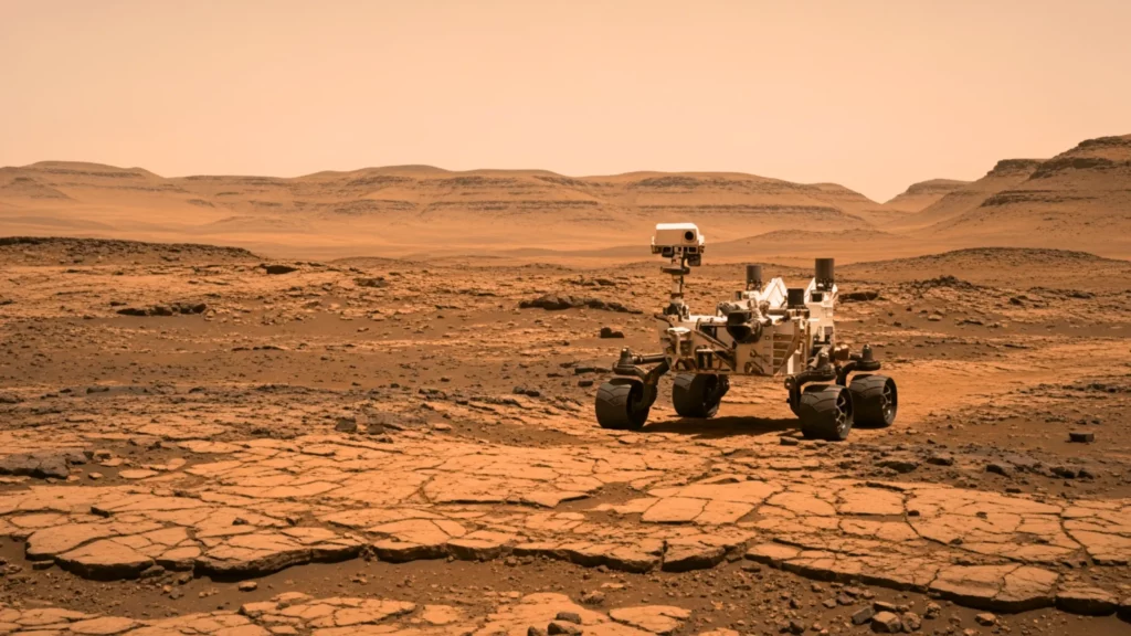 Rover martien Perseverance sur une plaine rocheuse de Mars, avec collines à l’horizon sous un ciel orangé.