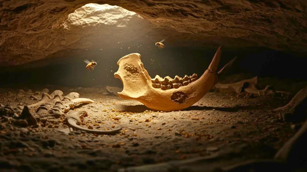 Abeilles volant autour d’une mâchoire fossile utilisée comme abri à l’intérieur d’une grotte préhistorique.