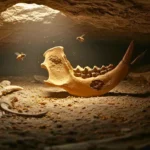 Abeilles volant autour d’une mâchoire fossile utilisée comme abri à l’intérieur d’une grotte préhistorique.