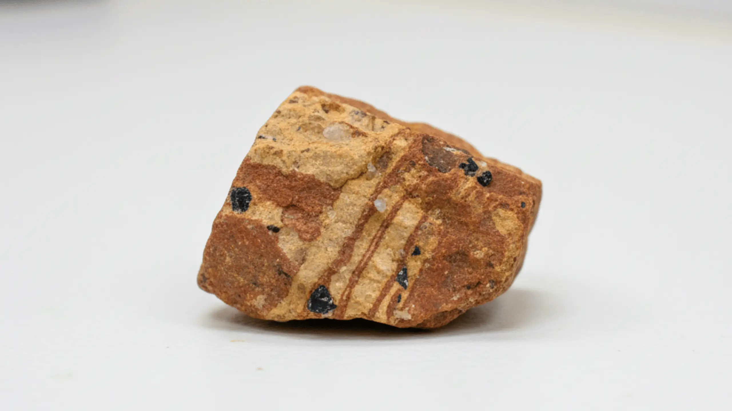 Roche naturelle striée de beige et marron rougeâtre, avec inclusions de minéraux noirs et cristal de quartz. Spécimen géologique.