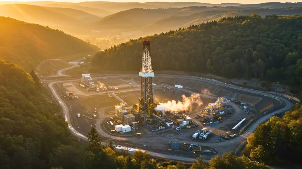 Plateforme de forage exploitant un gisement d’hydrogène naturel en France, au cœur d’un paysage forestier, symbole de la transition énergétique.