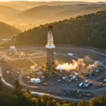 Plateforme de forage exploitant un gisement d’hydrogène naturel en France, au cœur d’un paysage forestier, symbole de la transition énergétique.