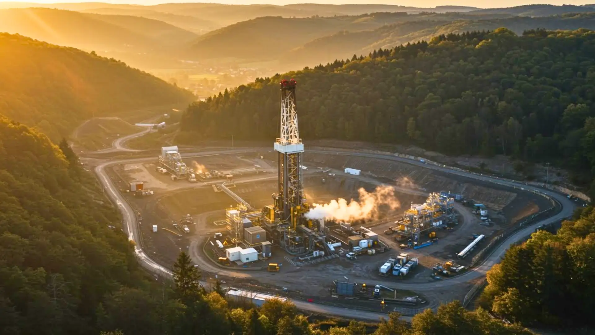 Plateforme de forage exploitant un gisement d’hydrogène naturel en France, au cœur d’un paysage forestier, symbole de la transition énergétique.