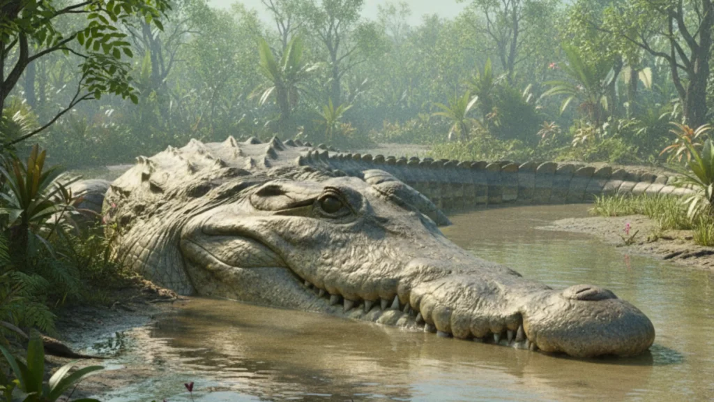 Grand crocodile dans l'eau boueuse d'une jungle tropicale luxuriante, sa tête et son dos écailleux visibles. Faune sauvage, reptile.