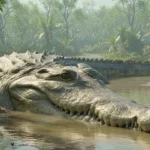 Grand crocodile dans l'eau boueuse d'une jungle tropicale luxuriante, sa tête et son dos écailleux visibles. Faune sauvage, reptile.