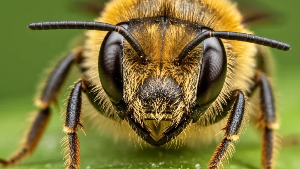 Gros plan détaillé d’une abeille posée sur une feuille verte