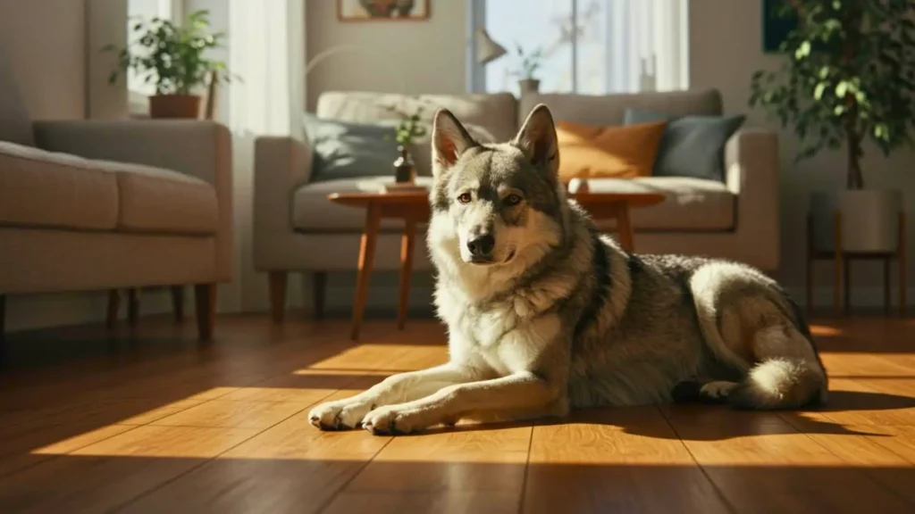 Chien au look de loup allongé sur le sol d’un salon lumineux