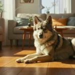 Chien au look de loup allongé sur le sol d’un salon lumineux