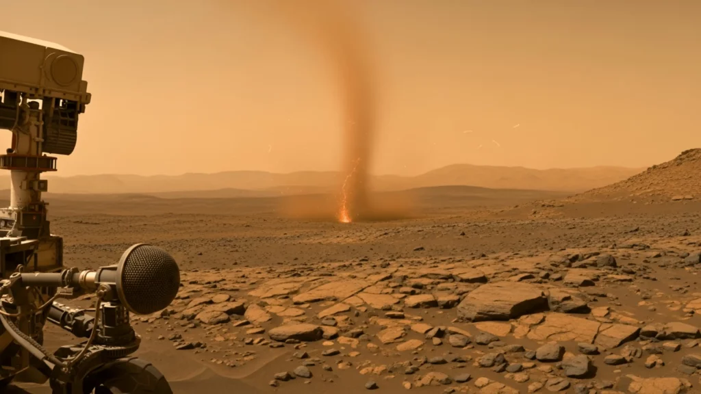 Un rover martien fait face à un tourbillon de poussière au loin, avec de petits éclairs visibles à sa base dans le paysage rocheux de Mars.