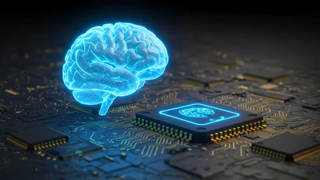 Illustration d’un cerveau humain lumineux connecté à une puce électronique sur un circuit, représentant un ordinateur vivant composé de neurones humains et de technologie.